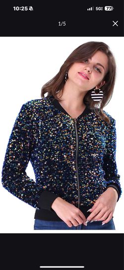 Sparkly Sequin Long Sleeve Front Zip Casual Jacket Short Tight Fitted Fashion Design Women Sparkly Jacket M Size