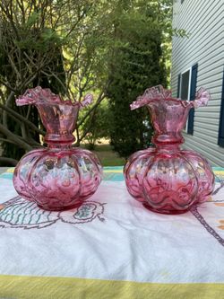2 Fenton Melon Cranberry Vases