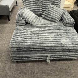 60'' Oversized Chaise Lounge Chair Indoor, Comfy Sofa Bed with Storage, Fluffy Plush Sleeper Couch, Reading Chairs Cloud Couches for Living Room, Gray