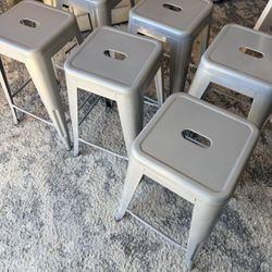 8 Metal Benches 24" High Backless Silver Metal Indoor-Outdoor Counter Height Stool with Square Seat