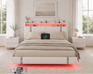 Queen Size Floating Bed Frame with  Storage Headboard,  with Charging Station & LED, (white )L-26