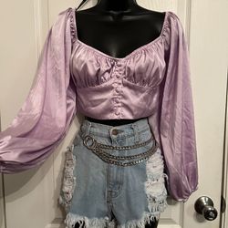 Forever 21/ NWOT- Silky Bubble Long Sleeve Cottage Core/fairy  Corset Style Crop Top 🍇🪻