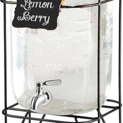 2 Gallon Glass Beverage Dispenser, Metal Base, Stainless Steel Spigot