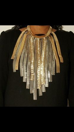 Long tassel necklace silver gold and rhinestone