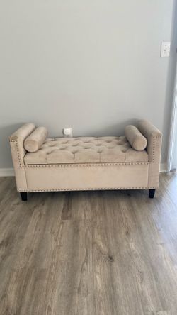 Velvet Beige Bedroom Storage Bench with studs and pillows