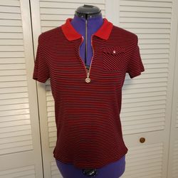 Tommy Hilfiger Striped Short Sleeve Polo, Size Medium, Red And Black, Gently Worn.