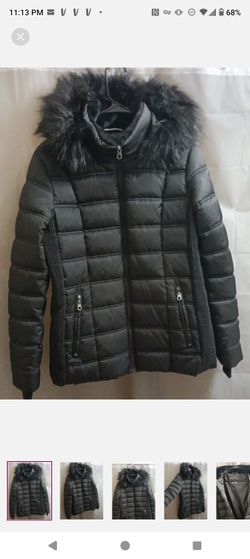 Nautica Black Quilted Puffer Jacket with Faux Fur Trim Hood