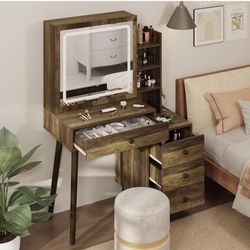 Makeup Vanity Table with Sliding Lighted Mirror, Dressing Table with 3 Color Touch Light, Vanity Desk with 4 Drawer & Hidden Shelves