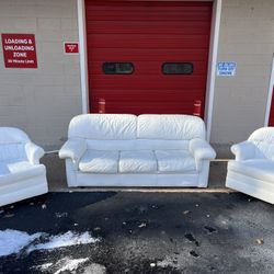 (Free Curbside Delivery) Natuzzi White Leather Couch Set With Swivel Chairs