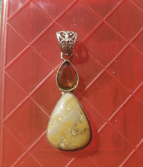 Bumblebee Jasper Silver Plated Pendant w Green Accent Stone