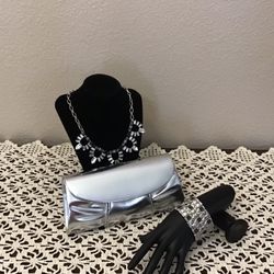 NWOT/EUC Silver Jewelry & Clutch Bag Lot.  Silver Crystals Necklace,  Silver Green Crystals Bracelet & Payless Silver Clutch Bag.