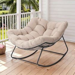 Outdoor Papasan Rocking Chair, 450 lbs Oversized Comfy Patio Chair with Thickened Cushion, Indoor Egg Rocking Lounge Chairs, Rocker Chairs for Patio P