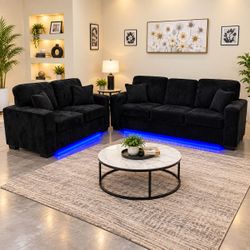 Black 2 Piece  Sofa and Loveseat Set with LED Lights