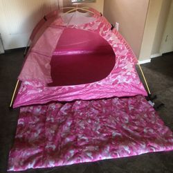 Kid’s Pink Camouflage Tent With Matching Sleeping Bag
