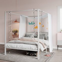 Metal Canopy Bed Frame Queen Size/Mattress Foundation with Metal Slats Support/No Box Spring Needed/Easy Assembly/White