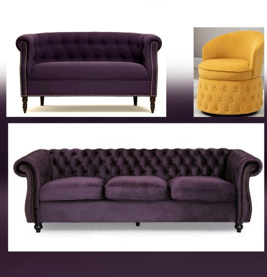 Velvet Purple N Yellow Diamond Tufted Sofa Set W/Chair
