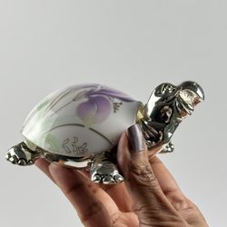 Vintage Silver Plated & Glass Floral Shell Lucky Tortoise Paper Weight Figurine 