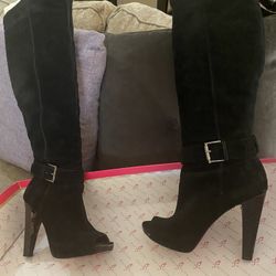 Black Over The Knee Open Toed Black Suede Boots 