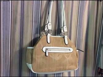 PURSE, USED, Maryville meet, Rossetti brand, 15 inches wide by 8 1/2 inches deep, great used condition but some wear on bottom corner, NOT REAL LEATH