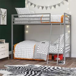 Novogratz Maxwell Twin-Over-Twin Metal Bunk Bed with Ladder and Guardrails, Easy Assembly, Grey, New In Box