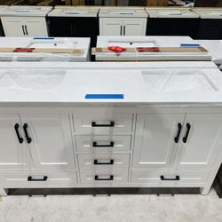 66” Bathroom Vanity in White, double sink soft close solid wood with vanity top in white  $1099 