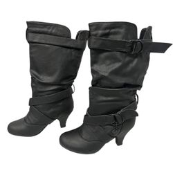 Sheike Black Heeled Boots with Decorative Buckle, Size 10
