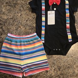 Black baby onesie with red bow and multicoloured shorts set 6-12 Months