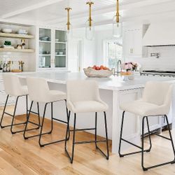 26 Inch Bar Stools Set of 4, Linen Upholstered Barstools, Counter Height Bar Stools with Back, Comfortable Bar Chairs, Modern Counter Stools for Kitch