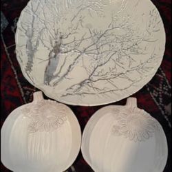Large White Ceramic Tree Platter & Pumpkin Sunflower Plates Set $35 or OBO