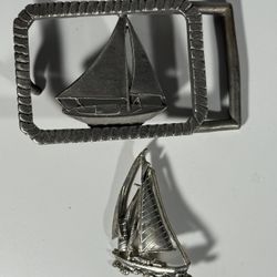 vintage custom signed & dated sailboat brooch & pewter belt buckle