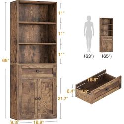 Bookshelf and Bookcase with Doors and Drawer, Floor Standing 6-Tier Shelf Display Storage Shelves, Tall Bookcases for Home Office, Living Room, Vintag