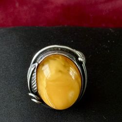 Ring Silver 925 Carved Leaf Yellow Stone Size 5.5