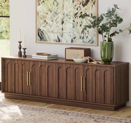 New-TV Stand for 75 Inch TV, Mid Century Modern TV Stand with Arched Design, Wood Grain Finish, Media Console with Adjustable Shelves, 67" Entertainme