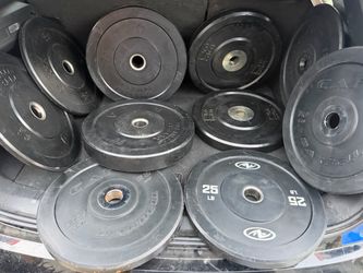 Very nice Olympic bumper set. $300 Pair of 45s Pair of 35s Pair of 25s 2 pairs of 10s