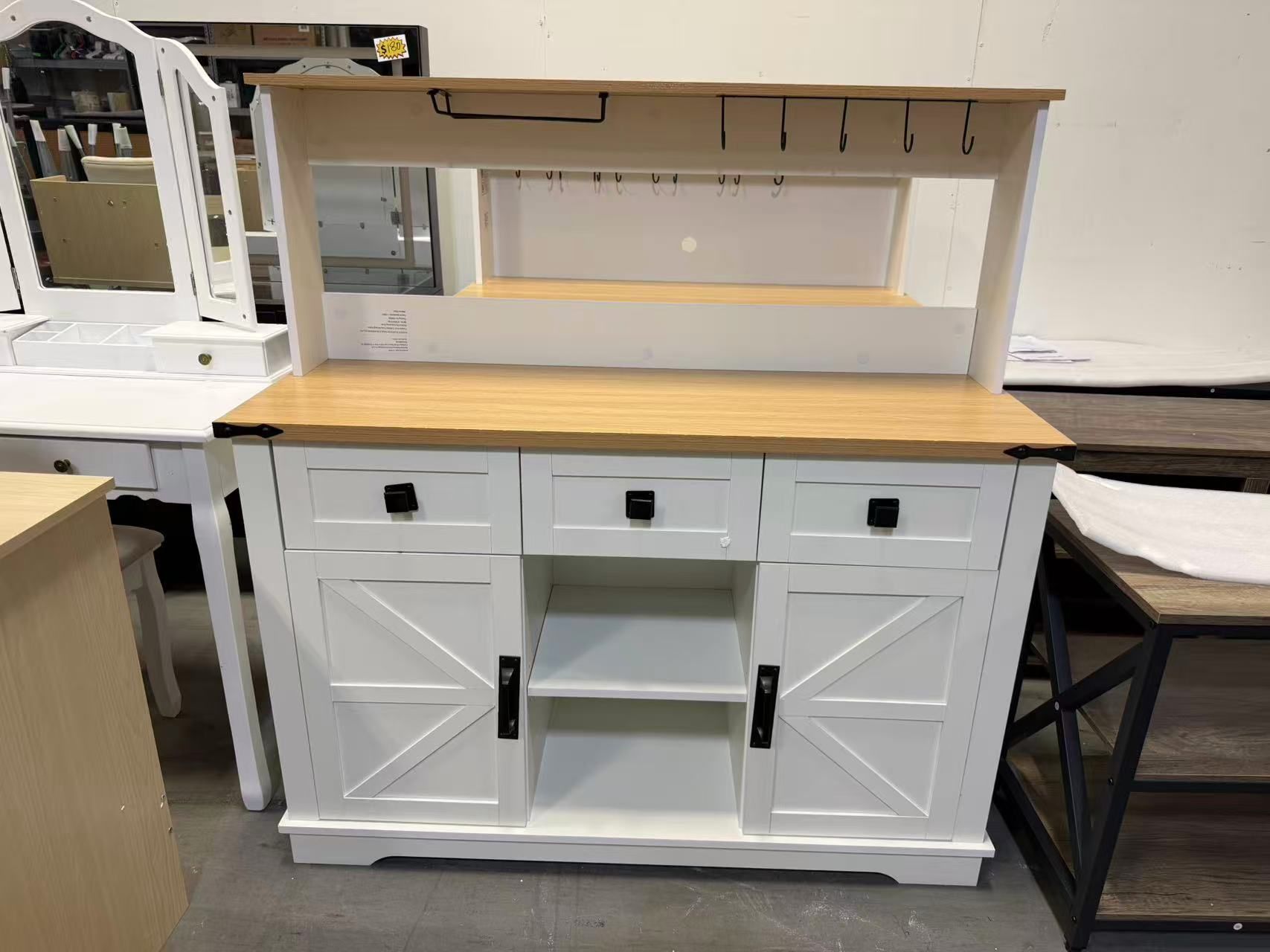 New Farmhouse Bar Cabinet with Hutch, Kitchen Buffet Cabinet with Storage Cabinet &3 Sliding Drawers