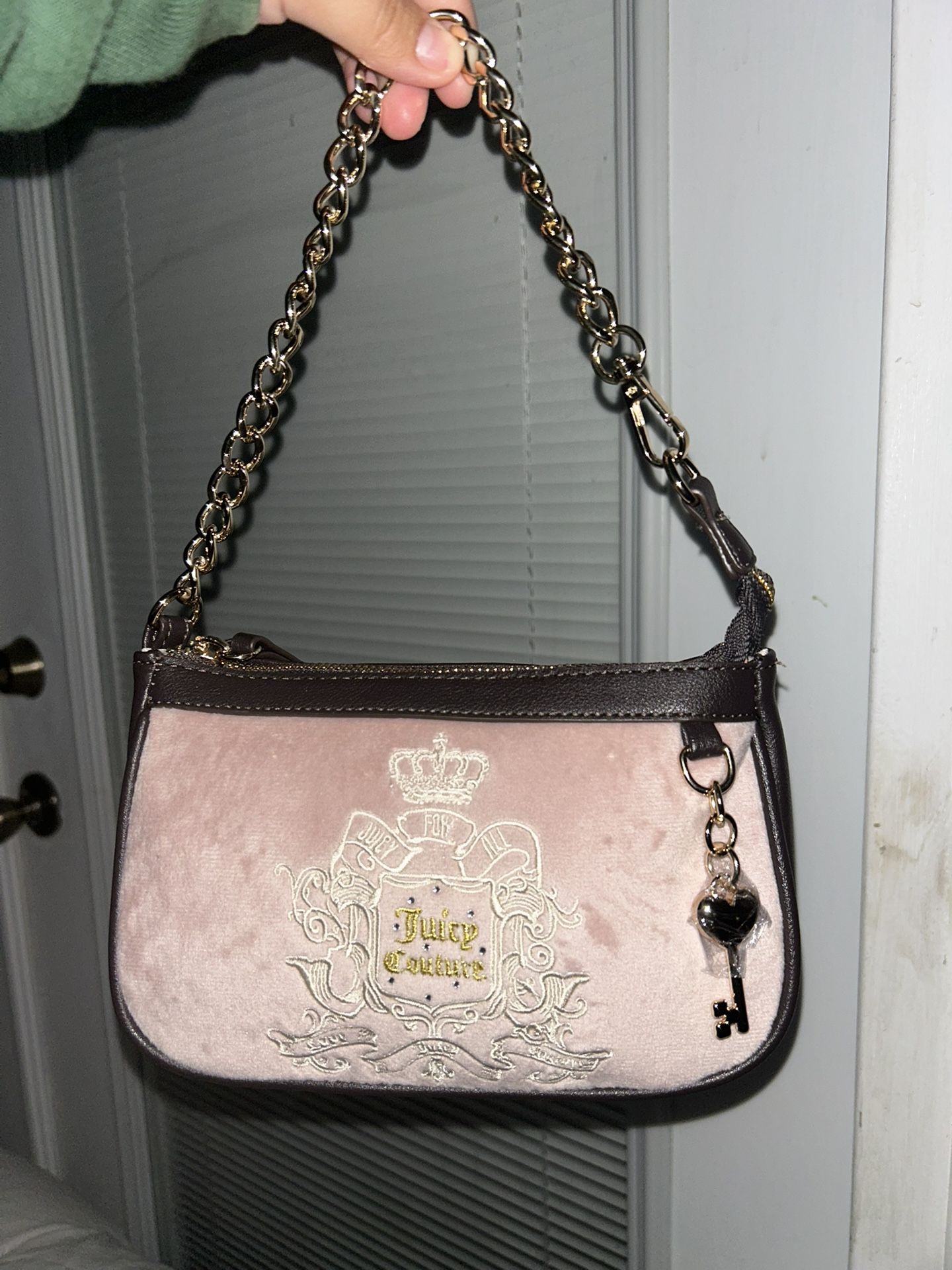 Brand New Juicy Couture Purse In Pink & Brown With Gold Chain