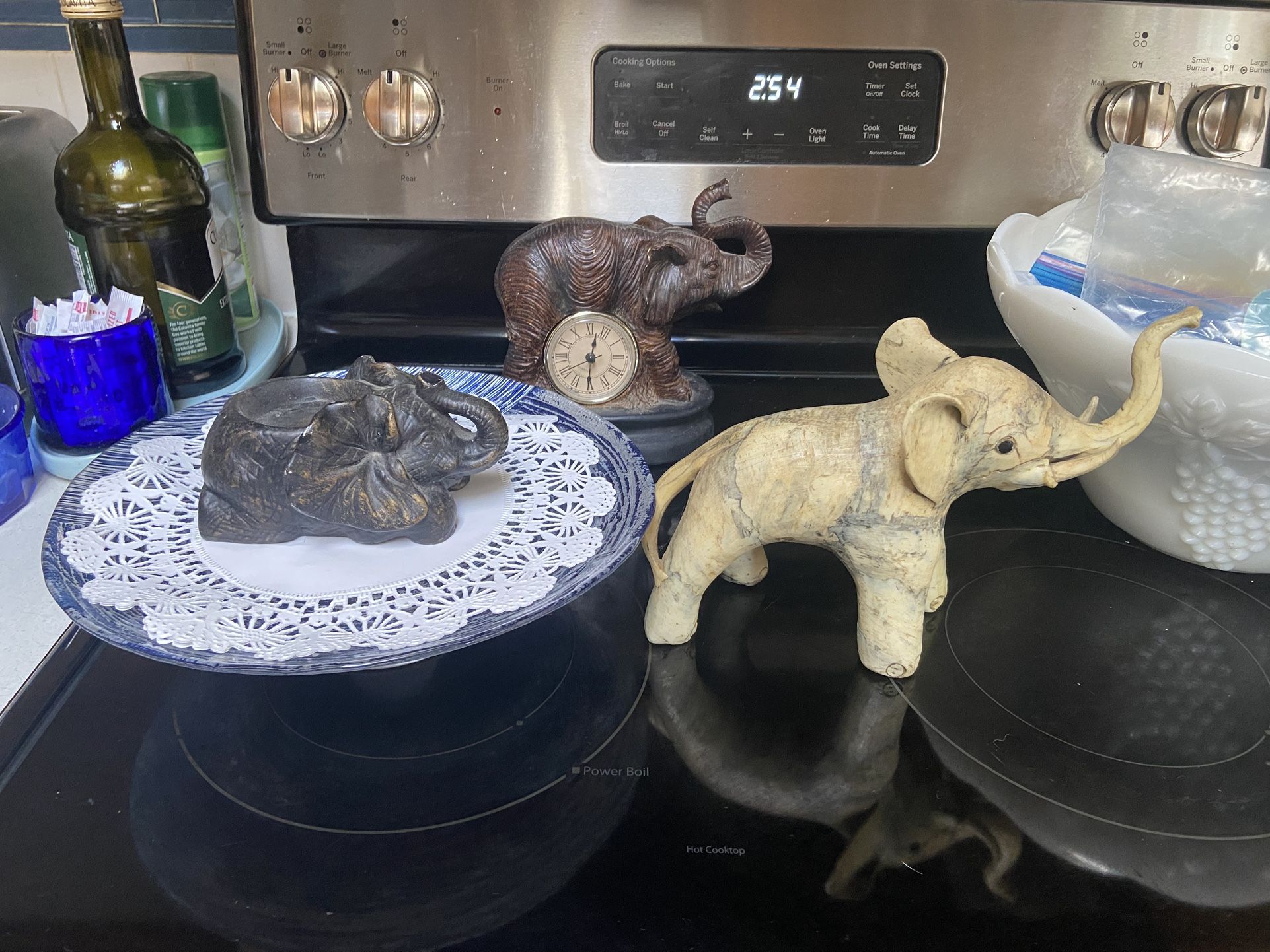(3) Vintage Elephants Statues, Candle Holder, Oyster shell Elephant, Colonial Elephant Clock