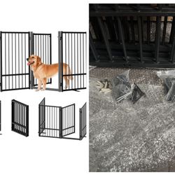 Full Metal Freestanding Dog Gate with Door, 24'' Height Foldable Pet Dog Fence for Indoor & Outdoor, 6 Panels Extra Wide Free Standing Small Dog Gates