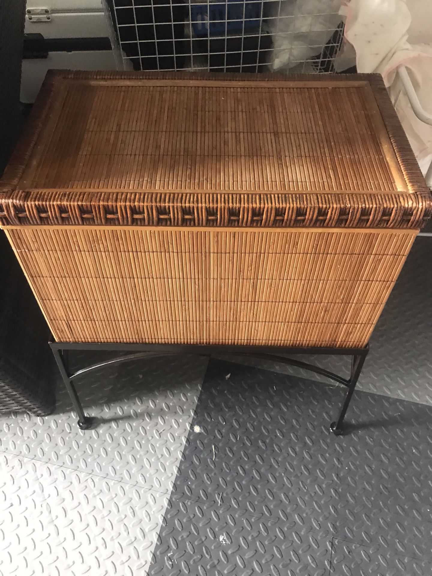 Brown Wood chest on metal stand