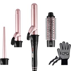 4 in 1 Curling Wand Set, Curling Iron with Curling Brush and 3 Interchangeable Ceramic Curling Wand 0.35-1.25 inch for All Hairstyle, Instant Heat Up,