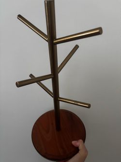 Gold Metal Mug / jewelry Tree Stand with Wood Base