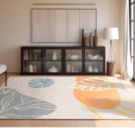Washable Area Rug 9'x12' Non-Slip, Vintage Modern Boho Rugs for Living Room, Bedroom, Dining Room, Abstract Plant Painting Pattern, Low-Pile Foldable 