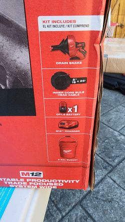 Milwaukee M12 12-V Lithium-Ion Cordless Drain Snake Auger W/ (1) 1.5Ah Battery, 5/16 in. x 25 ft. Cable, Charger, & 5 Gal. Bucket

Brand new in box  (