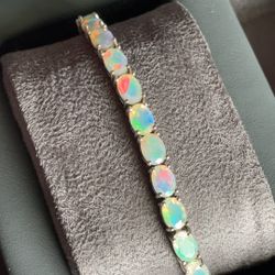 6.5 Inch Natural Oval Cut Opals .925 Silver Tennis Bracelet 