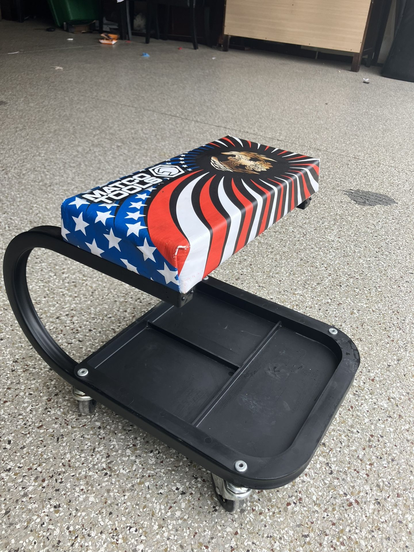 Matco Tools padded mechanic seat with plastic pan.