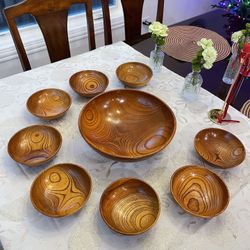 Round Wooden Serving Bowls Set of 9 For Rice/Salad Made in Japan. Japanese Traditional Odawara.