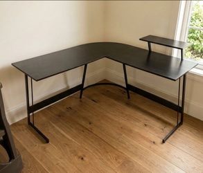Black L-Shaped Corner Desk with Monitor Stand