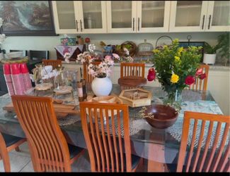 Glass dining table with 10 chairs