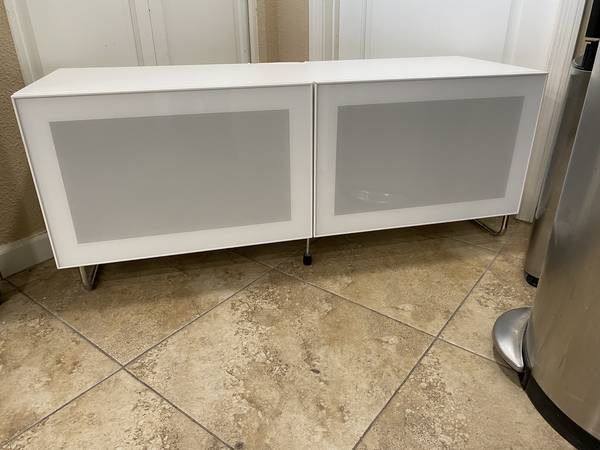 white IKEA Besta TV stand , glass soft closing GLASSVIK doors