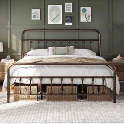 King Metal Platform Bed Frame, Victorian Headboard & Footboard